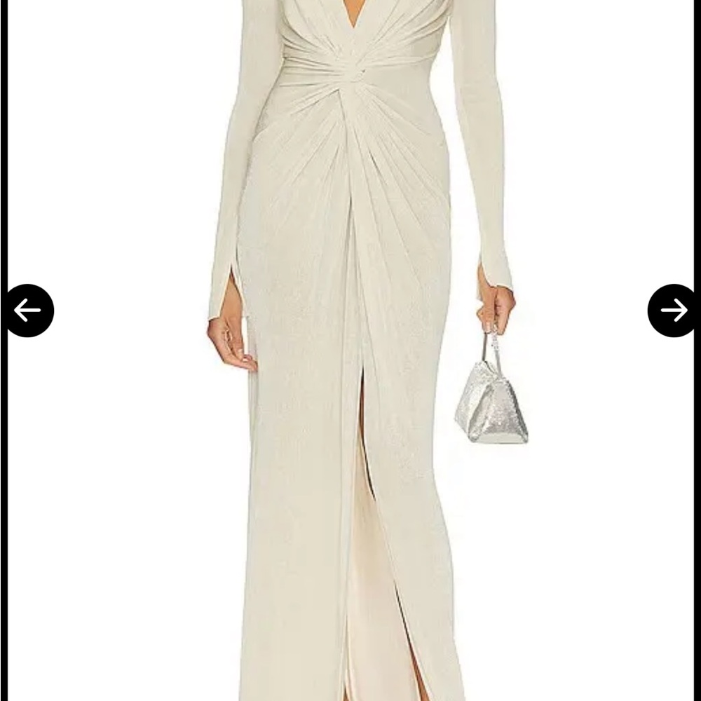 Katie May Elegant Cream/champagne  Plunge Long Sleeve Gown with Slit. In a Mood